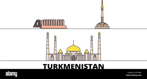 Turkmenistan Flat Landmarks Vector Illustration Turkmenistan Line City