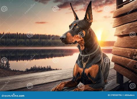 Doberman Pinscher Sitting On Deck With View Of The Sunset Stock Photo