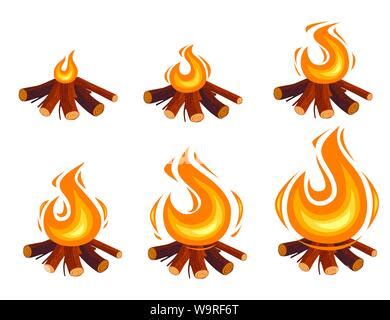 Bright bonfire, burning logs, orange spurts of flame Stock Vector Art ...
