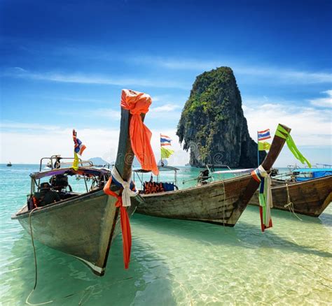 Thai Boats On Phra Nang Beach Thailand Stock Photo Image Of Pranang