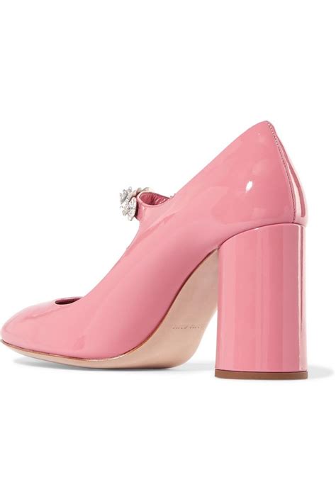 Pink Womens Miu Miu Block Heels Crystal Embellished Patent Leather