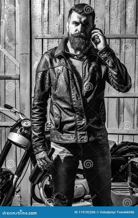 Brutal Biker Bearded Man Hipster Biker Stock Photo Image Of Handsome