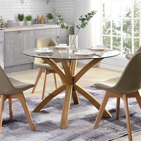 Lugano 110cm Round Glass Top Solid Oak Legs Dining Table Shop