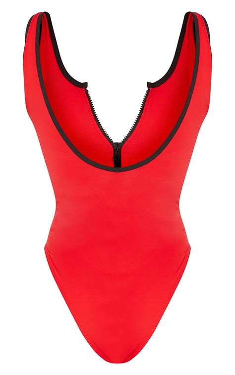 Red Contrast Zip Front Scuba Swimsuit Prettylittlething Usa