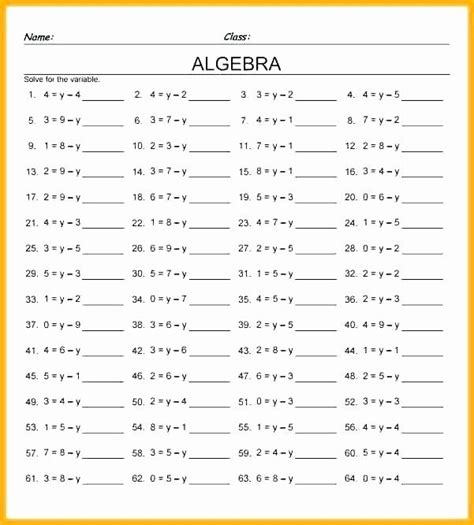 Math Worksheet 9th Grade Algebra