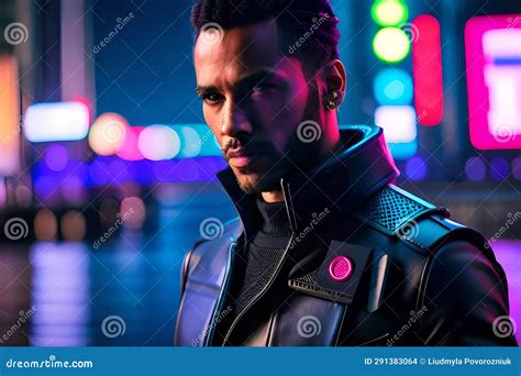 A Woman In A Black Leather Jacket Stands On A Street In A Neon City
