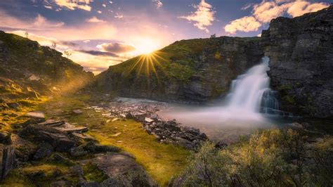 2048x1152 Beautiful Waterfall And Sunrise 2048x1152 Resolution Hd 4k Wallpapers Images