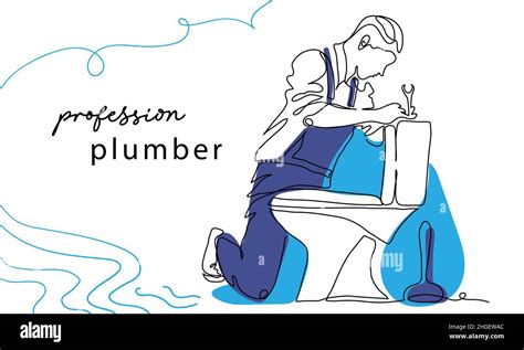 Plumber Man Fixes Toilet One Continuous Line Art Vector Drawing