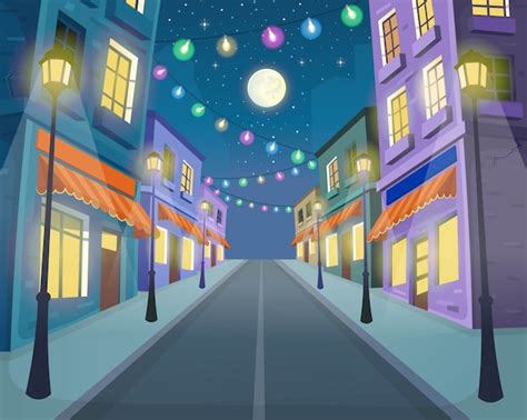 Estrada Na Rua Com Lanternas E Uma Guirlanda Ilustração Em Vetor De