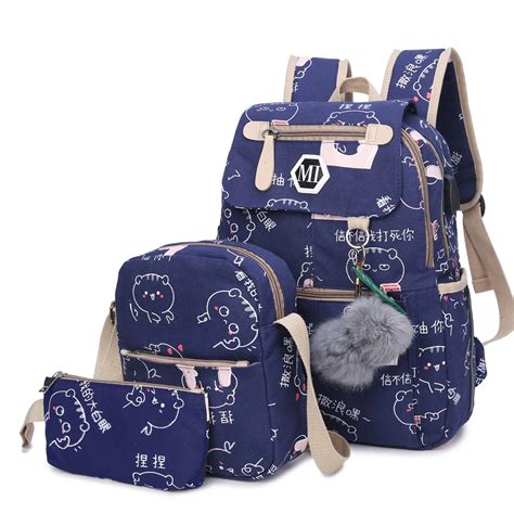 2018 Girls Canvas Backpack 3 Pcsset Women School Backpacks Schoolbag