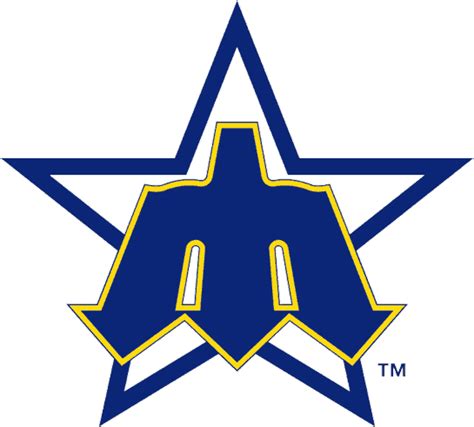 This logo image consists only of simple geometric shapes or text. This was the Seattle Mariners Logo from 1980-1986 - The trident shaped "M" on a blue star ...