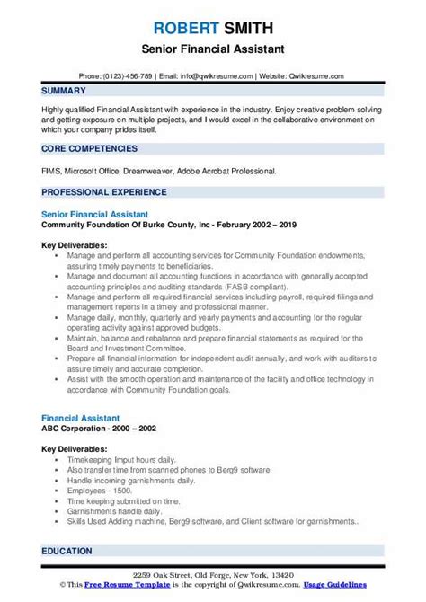 Financial Assistant Resume Samples Qwikresume