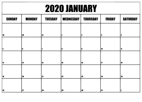 January 2020 Blank Calendar Printable Word Pdf Template Calendar School