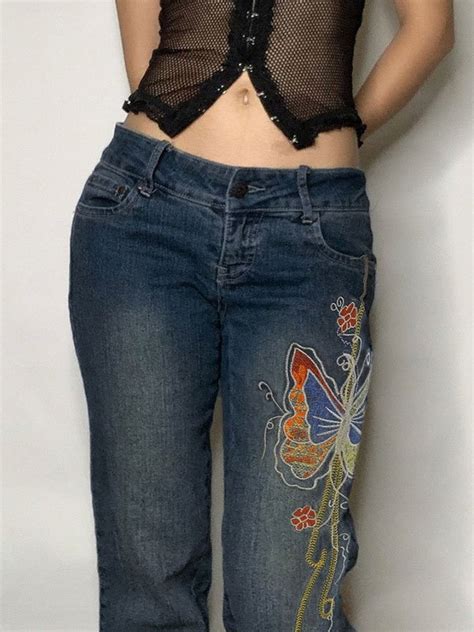 Emmiol Free Shipping 2023 Vintage Washed Butterfly Flare Jeans Blue S