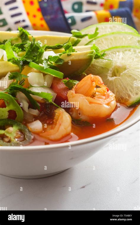 Spicy Mexican Shrimp Soup Caldo De Camaron With Avocado Diced Onions