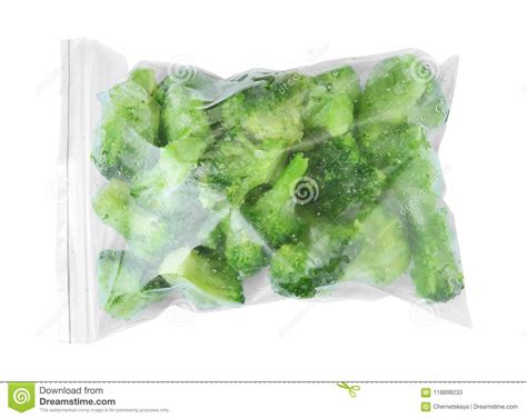 Plastic Bag With Frozen Broccoli On White Background Vegetable