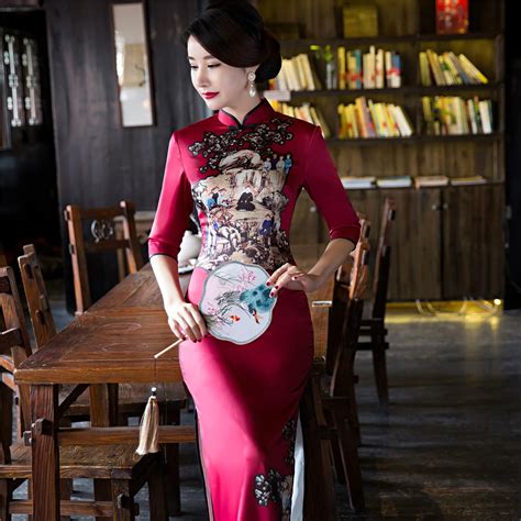 Women Long Qipao Long Sleeve Silk With Embroidery Cotton Cheongsam