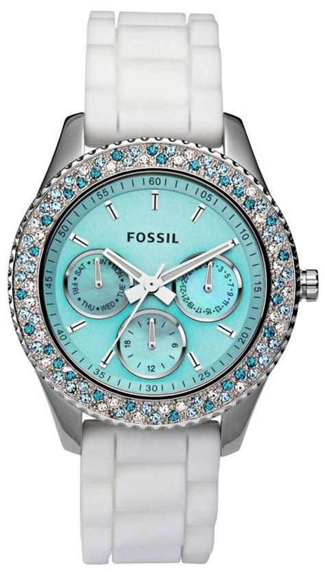 New Fossil Womens Stella Aqua Face Teal Blue White Crystal Bezel Watch