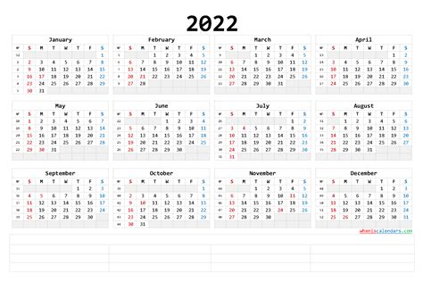 2022 Annual Calendar Printable 6 Templates Printable 2022 Yearly