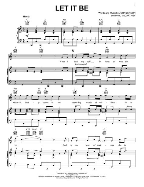 Let It Be Sheet Music By The Beatles Piano Vocal And Guitar Right Hand