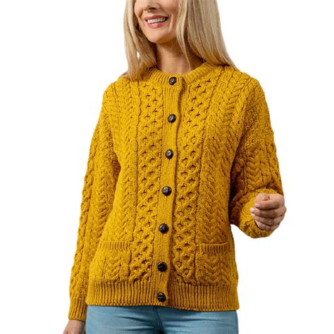 irish aran merino wool cardigan sweater for women button up cable