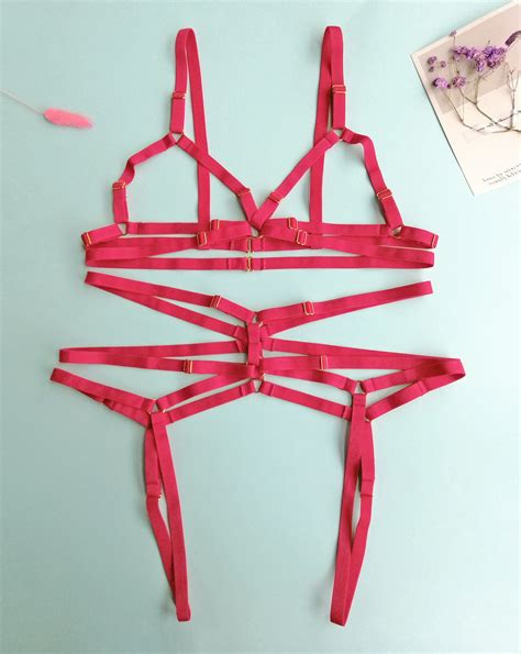 Strappy Cage Body Harness Lingerie Open Cup Crotchless Etsy