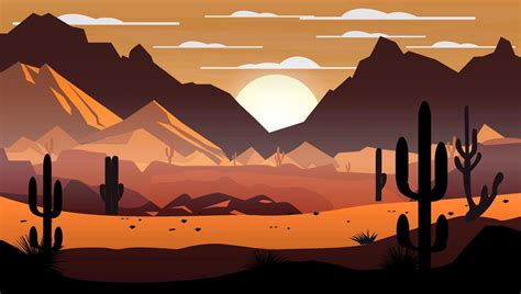 A Cartoon Illustration Of A Desert Scene With A Sunset In The