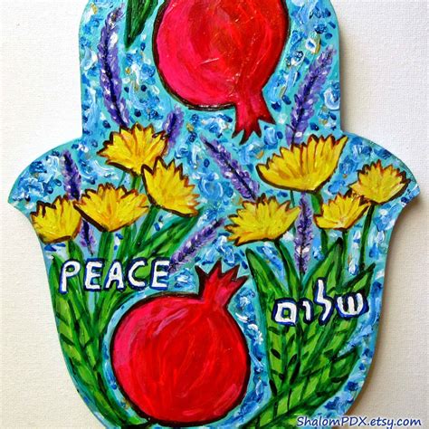 Shalom Art Peace Sign Hand Painted Wood Hamsa Pomegranate Etsy Hand