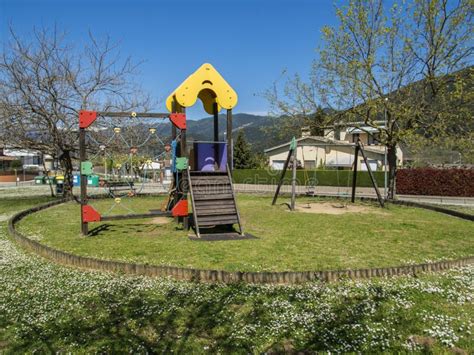 Children`s Playground With Swings And Slide Stock Image Image Of Park