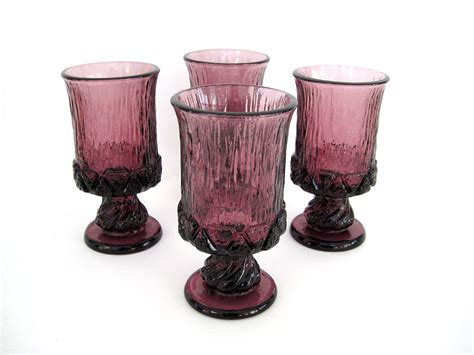 Vintage Fostoria Sorrento Plum Water Goblet Set Cocktail Glasses Footed Glass Purple Amethyst