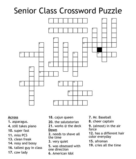 Senior Class Crossword Puzzle Wordmint
