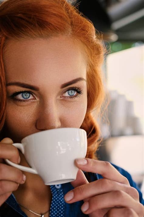 Portrait Of Redhead Female Barista Drinks Coffee Stock Image Image Of Retail Perfection