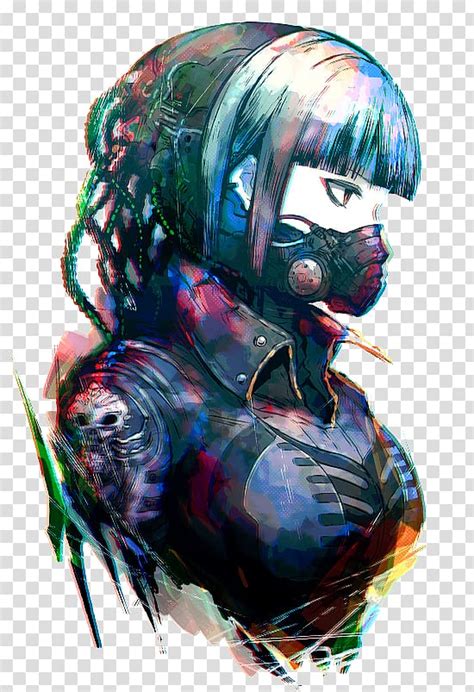 Blue Haired Female Anime Illustration Drawing Gas Mask Art