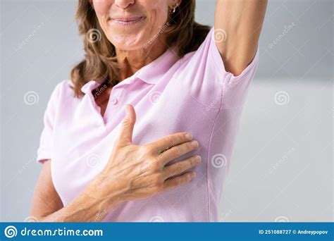 Woman Sweating Very Badly Under Armpit Stock Image Image Of Pointing