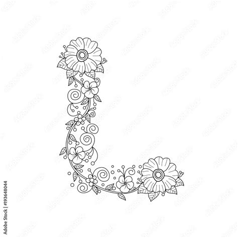 Floral Alphabet Letter L Coloring Book For Adults Vector Illustration
