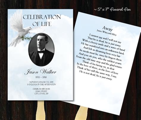 Diy Printable 5x7 Funeral Template White Clouds And Dove Male Funeral