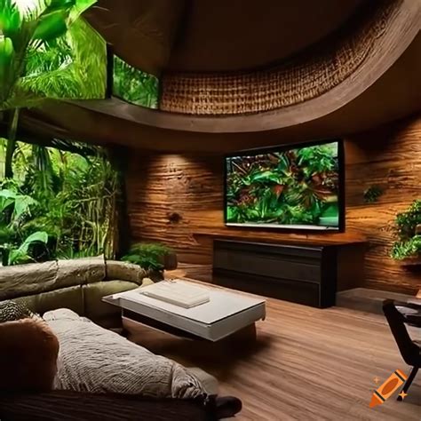 Bali Inspired Jungle Living Room With A Large Tv And Cozy Couch