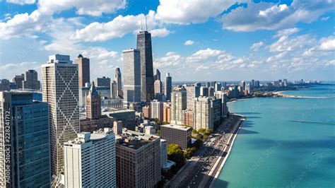 Chicago Skyline Aerial Drone View From Above Lake Michigan And City Of