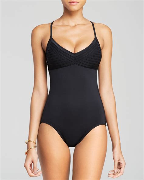 Lyst Robin Piccone Yolanda Pleated V Neck One Piece Swimsuit In Black