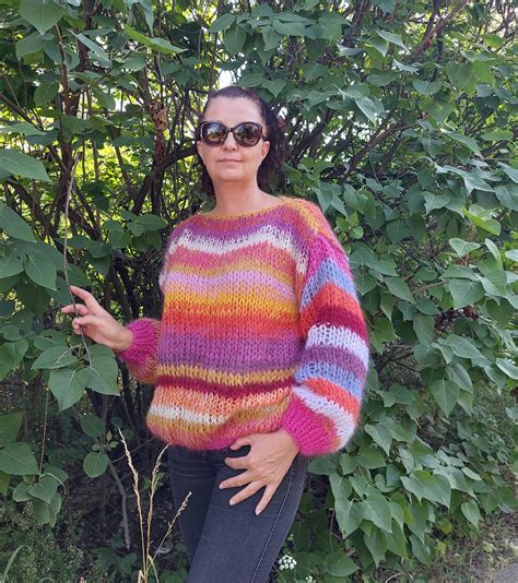 Mohair Sweater Gestreepte Handgebreide Chunky Pullover Etsy Nederland