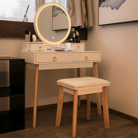This elegant vanity set is crafted of sturdy wood with molded detailing and long, slender legs for just a hint. VIVOHOME Wooden Vanity Set with 3-Color Touch Screen ...