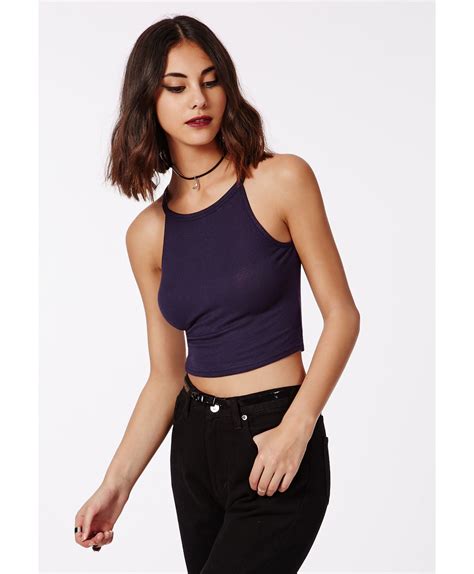 Missguided Lynne Ribbed High Neck Crop Top Navy Crop Tops High
