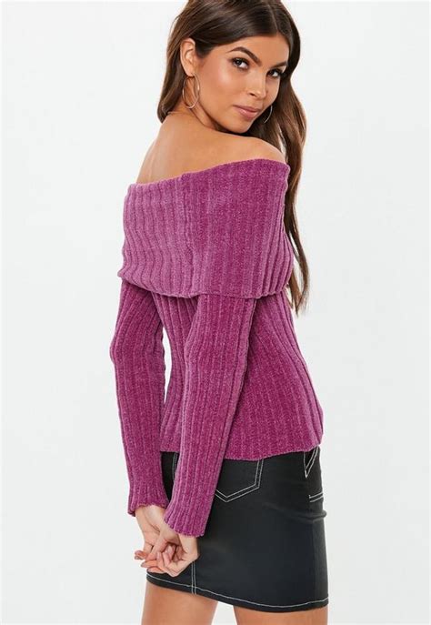 Pink Chenille Ribbed Fold Over Bardot Jumper Missguided