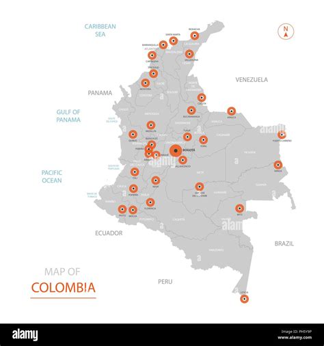stylized vector colombia map showing big cities capital bogota administrative divisions stock