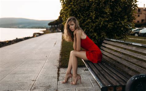 3840x2400 Model Sitting On Bench In Red Dress 4k Hd 4k Wallpapersimagesbackgroundsphotos And