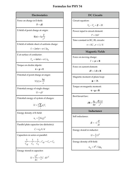 Formulas Sheet - PHYS 142 General Physics II - StuDocu