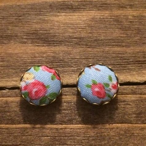 Fabric Button Earrings Floral By Saram On Etsy