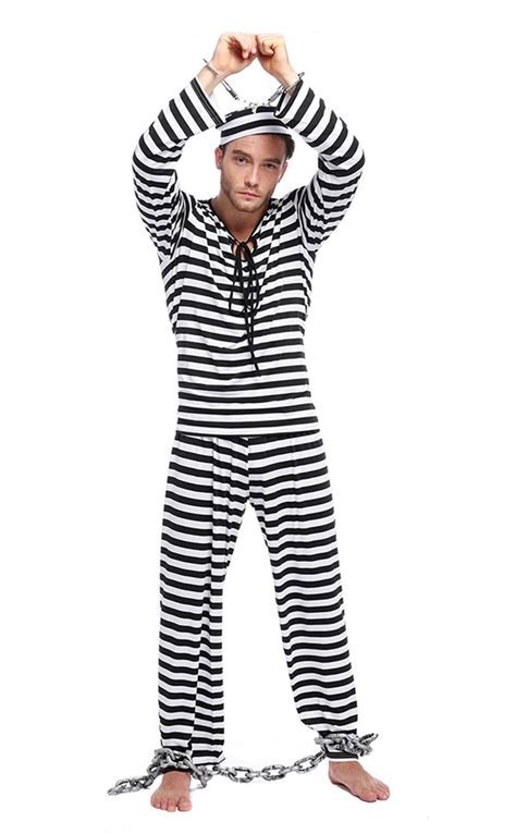 Jailbird Prisoner Men Fancy Dress Robber Convict Uniform Costume