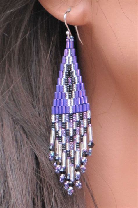 Purple Silver And Black Hand Beaded Earrings Bugle Bead Etsy Seed