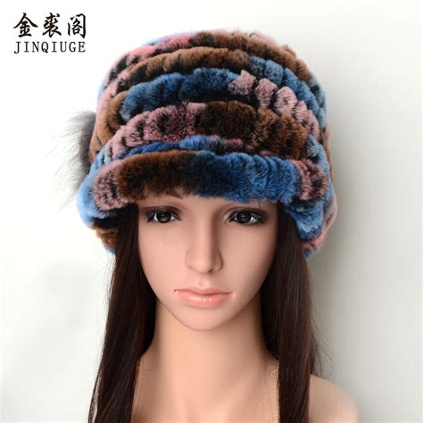 Jinqiuge Winter Fur Hat Women Genuine Knitted Rex Rabbit Fur Hats Natural Stripe Lady Warm